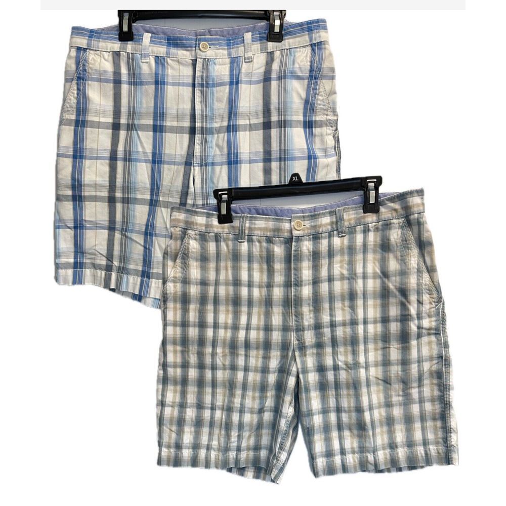 Savane Men's Size 36 Flat‎ Front Hampton Golf Shorts Plaid Blue Tech Pocket